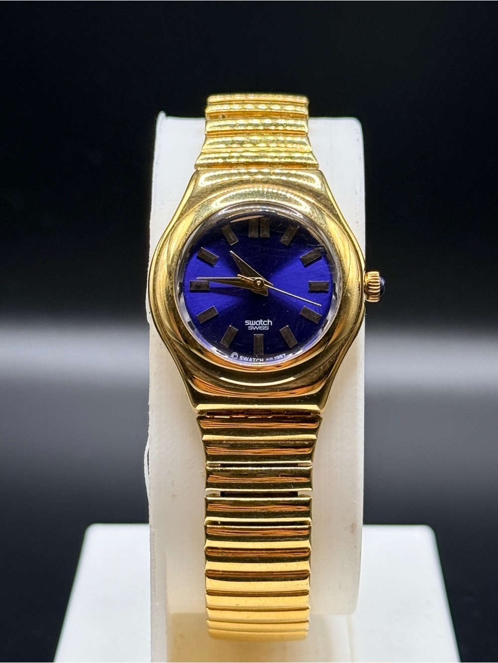 Vintage 1997 Swatch Irony Lady Gold Watch Blue Sunburst Dial Stretch Band
